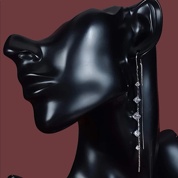 SILVER RHINESTONE THREADER EARRINGS - Picture 2 of 4